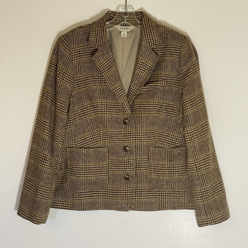 L.L. Bean Blazer Jacket Womens Petites Medium Brown Houndstooth Tweed Wool Lined